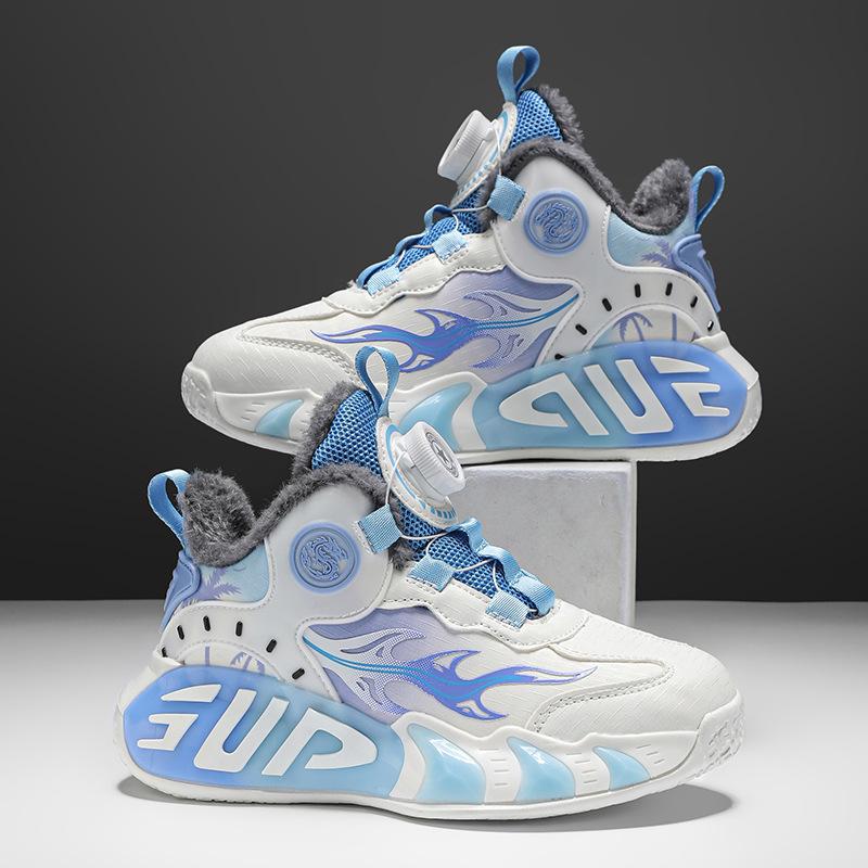 Зимняя новинка 2025 года, детские хлопковые туфли, бархатные теплые и холодостойкие баскетбольные кроссовки для мальчиков и девочек, спортивная обувь для студентов с вращающейся пряжкой