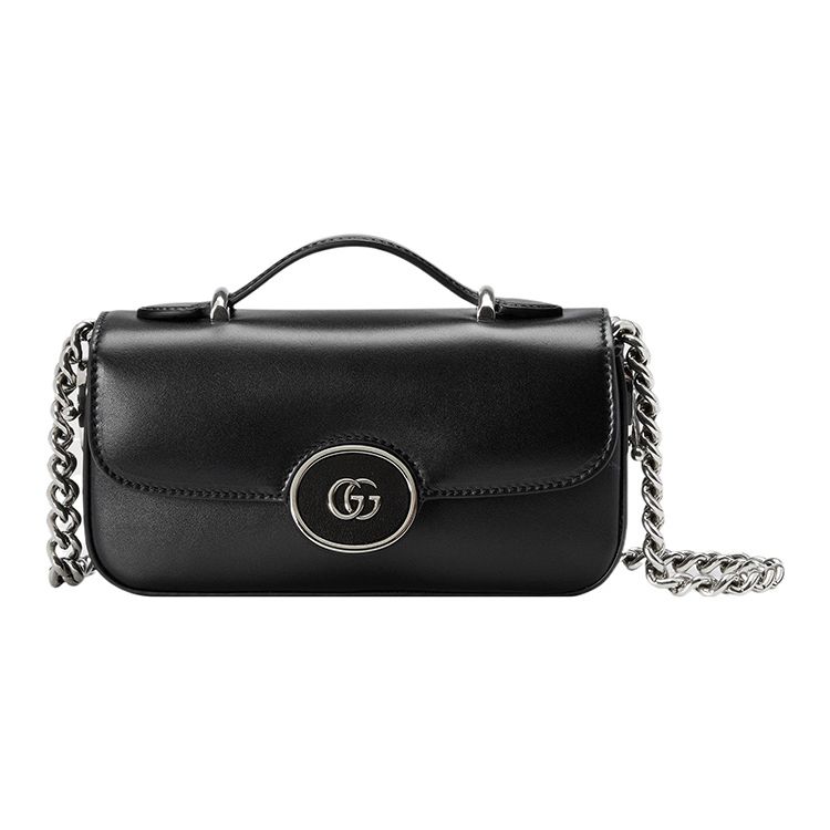 Gucci Petite GG Double G Logo Detachable Chain Push Lock Closure Leather Handbag Mini Women handbag Black 760194-AABSG-1000