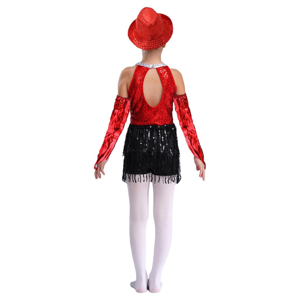 Латинский джазовый танцевальный купальник для девочек, без рукавов, с вырезом-замочной скважиной на спине, с пайетками, кисточками, металлическими перчатками и шапочкой