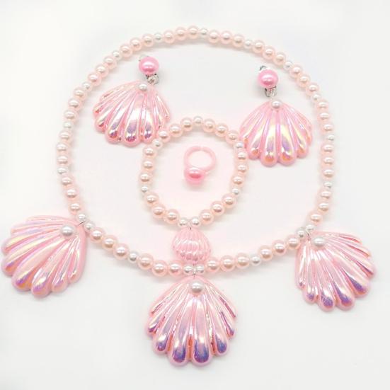 1 комплект, розовый с ожерельем, комплект ювелирных изделий в форме русалки, браслет из искусственного жемчуга, зажим для ушей, экологически чистое ожерелье из ракушки