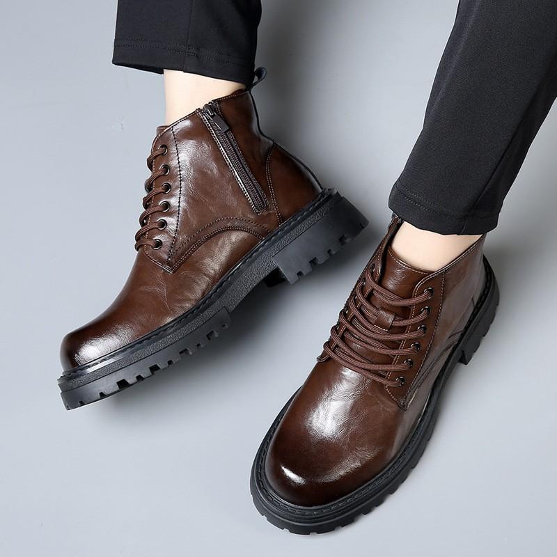 Модные мужские новые кожаные мотоциклетные ботинки из хлопка с толстой подошвой внутри, черные ботильоны с подъемом D550