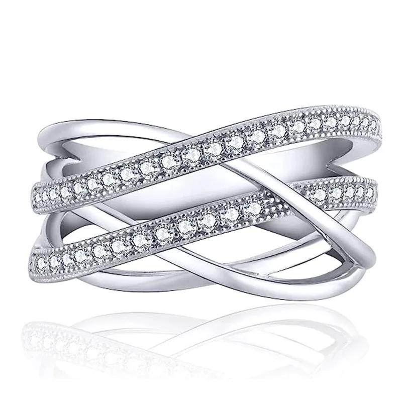 Huitan Silver Multi-cross Finger Ring with Shiny Crystal CZ Modern Fashion Female Rings Daily Wear Party Statement Jewelry