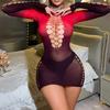 Gradient Red Sexy Women Lingerie  Fish Net Crotchless Jumpsuit Pajamas Long Sleeved Backless Erotic Underwear Costumes