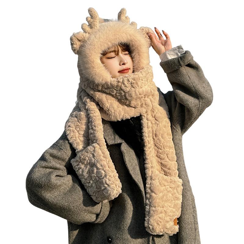 New antlers warm three-piece women's autumn and winter scarf gloves integrated scarf cute plush ear protectors muff hat