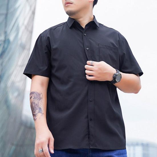 Lapel Short Sleeve Solid Color Plus Size Men Shirt Single Breasted Causal Loose Solid Color Work Shirt Streetwear