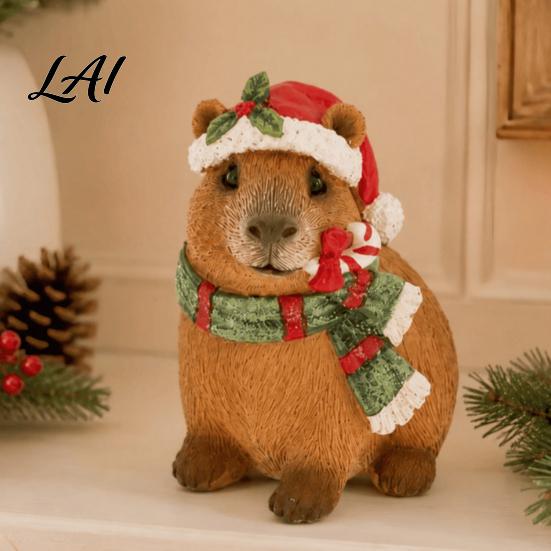 Cute Resin Animal Ornament Christmas Capybara Figurine with Hat And Scarf Tree Accessory Statue Cartoon Sculpture for Home Holiday Party Tabletop