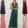 Women's European & American Deep V Satin Evening Dress - Elegant Solid Color Long Skirt