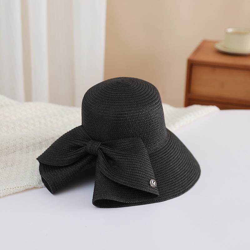 Bowknot Split Straw Sun Hat Elegant Wide Brim Travel Beach Hats Foldable UV Protection Casual Bucket Hats