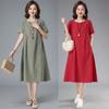 Summer Artistic Loose Jacquard Cotton Linen Round Neck Short Sleeved Dress for Women Mid To Long Length Casual Dresses