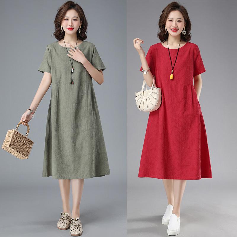 Summer Artistic Loose Jacquard Cotton Linen Round Neck Short Sleeved Dress for Women Mid To Long Length Casual Dresses
