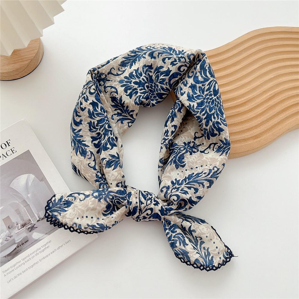 Flower Pattern Hair Scarf Double Sides Head Handkerchief Trendy Silk Scarf Spring Summer Fall
