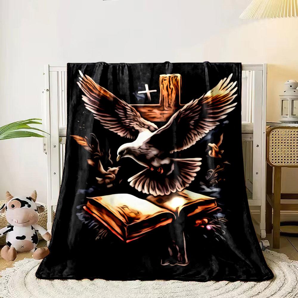 A dove, an open book, and a wooden cross with a glowing background. for all seasons blanket lunch break throw gift