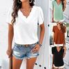 Ladies Summer Ruffles Short Sleeve V Neck Solid Color Jacquard Pullover T Shirt Top