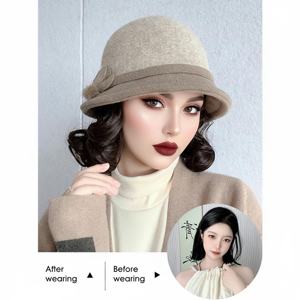 Woolen Fisherman Hat With Integrated Wig For Short Curly Hair Women Winter Warm Caps For Elderly Ladies Autumn And Winter Fashion Hats