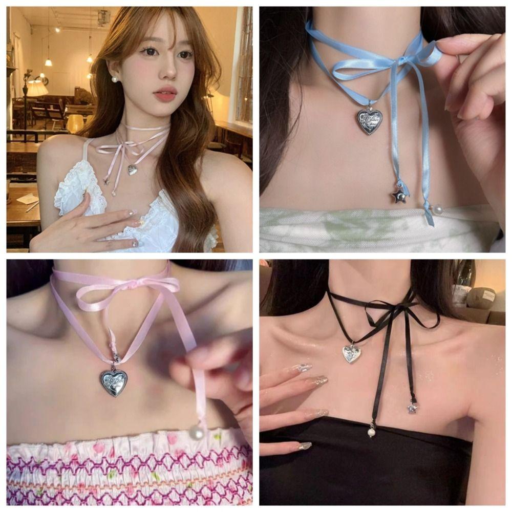 Жемчужная подвеска-сердце, цепочка на ключицу, корейский стиль, чокер Y2K, ожерелье с лентой в стиле балеткор, студенческий