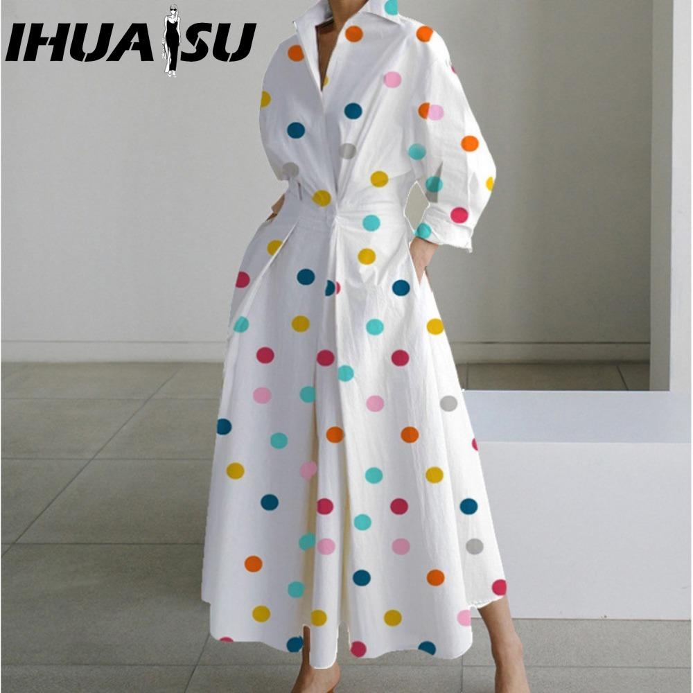 IHUASU Женская мода весна осень длинные рукава поло-воротник повседневные платья