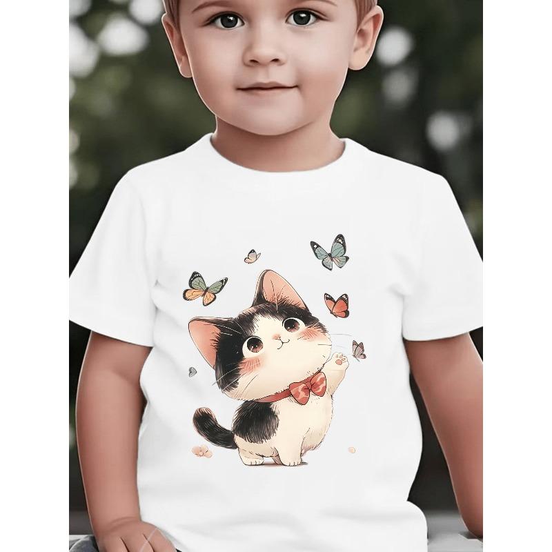 European sizes Kids' Short-Sleeved Spring, Summer And Autumn Cute Cartoon Cat Bow Tie Polka Dot Print Children'S Fashion Casual Versatile Top