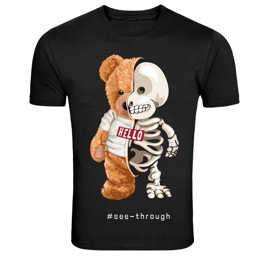 Half Skeleton Teddy Bear See Through Graphic T Shirt