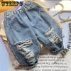 Джинсы рваные в американском стиле для мальчиков, детские модные повседневные брюки прямого кроя, широкие брюки