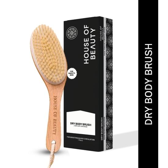 HOUSE OF BEAUTY Wooden Dry Body Brush For Body Massage With Long Handcrafted Handle, Natural Exfoliating, Lymphatic Drainage - (Pack OF 1)