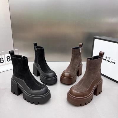 Весна и осень Новый стиль Цветные блоки Толстая подошва Толстый каблук Увеличенная высота Круглый нос Короткие сапоги Высокие каблуки