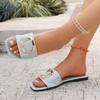 2025 New Ladies Shoes Open Toe Women's Slippers Metal Decoration Daily Square Toe Summer Plus Size Concise Flat Slippers