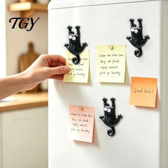 Refrigerator Magnetic Accessories 3D Black Cat Magnet, Cartoon Kitten Fridge Animal Magnet Shape Memo Note Holder for Kitchen Office Whiteboard