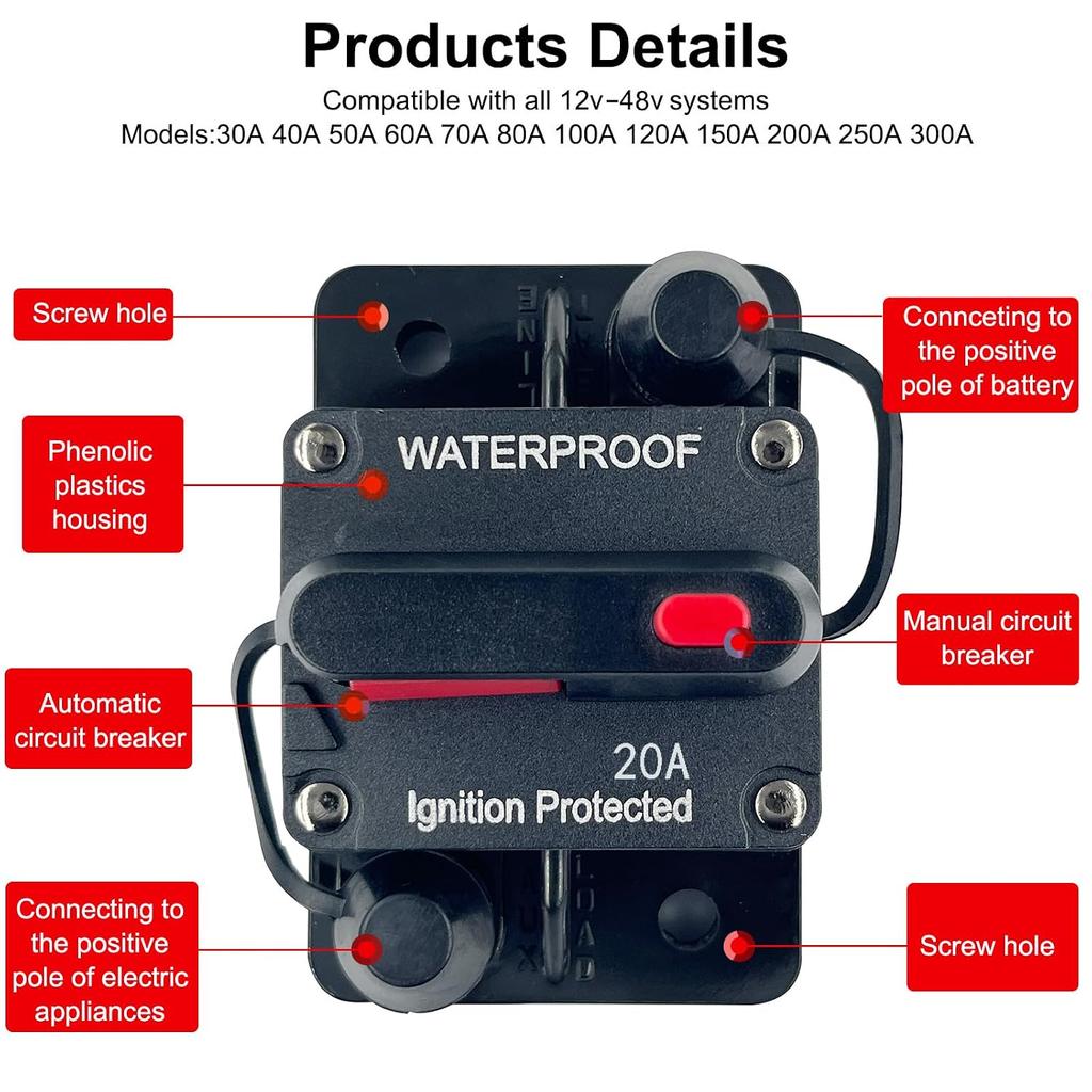 20 Amp Circuit Breaker 12V - 48V DC with Manual Reset Switch Button for Boat Trolling Motor Marine ATV Trailer Vehicles Stereo Audio Electronic