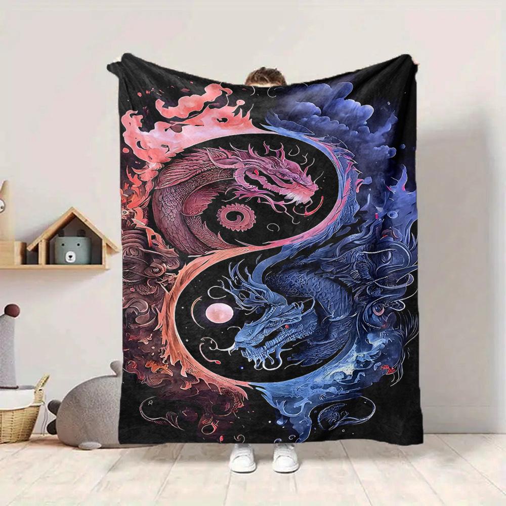 1pc Yin Yang Dragon Blanket, Lightweight Flannel Throw For Sofa, Bed, Travel, Camping, Livingroom, Office, Couch, Chair