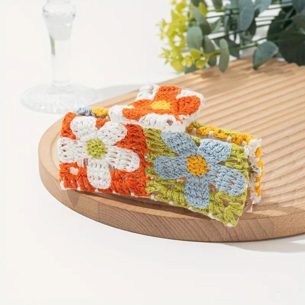Flower Embroidered Crochet Shark Clip Strawberry Bohemian Style Hair Claw Beach