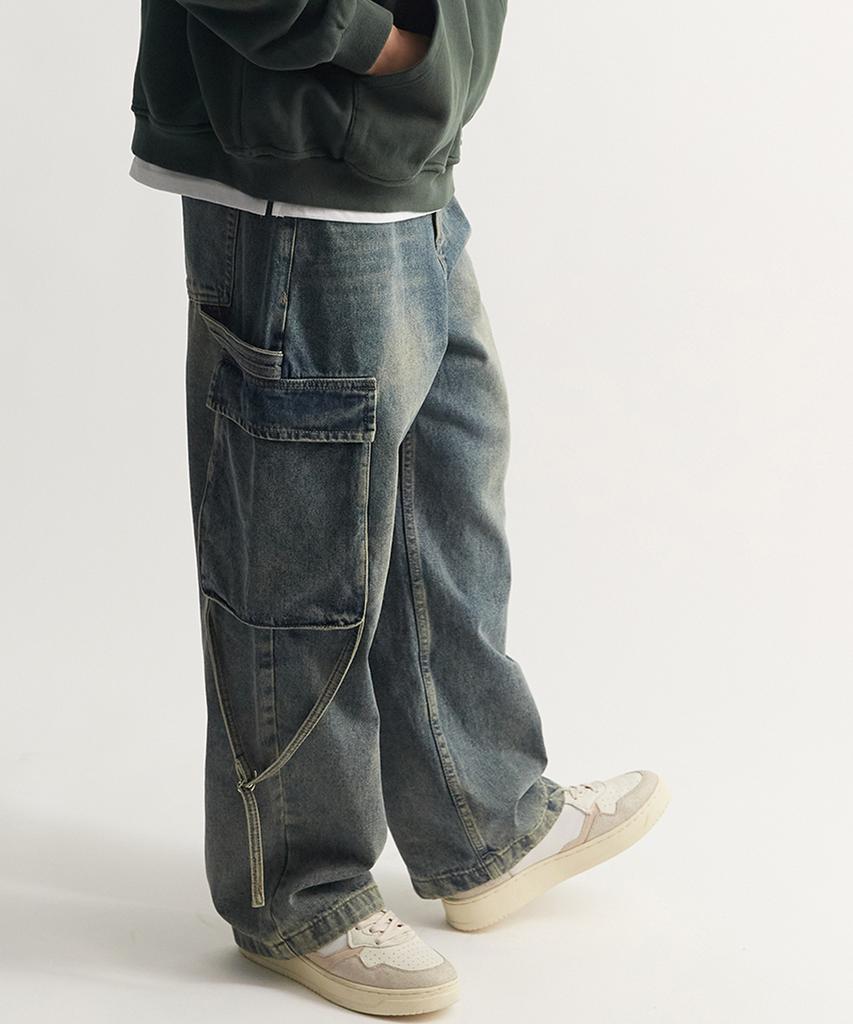 Deulouem Strap Washed Wide Cargo Denim Pants
