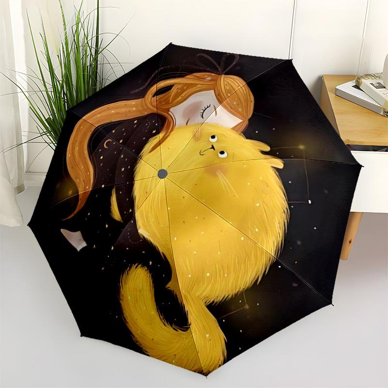 1pc Cosmic Companion Starry Night Hug Automatic Folding Umbrella - Compact 8-Rib Design, Durable Plastic & Iron, Lightweight for Outdoor Daily Use073