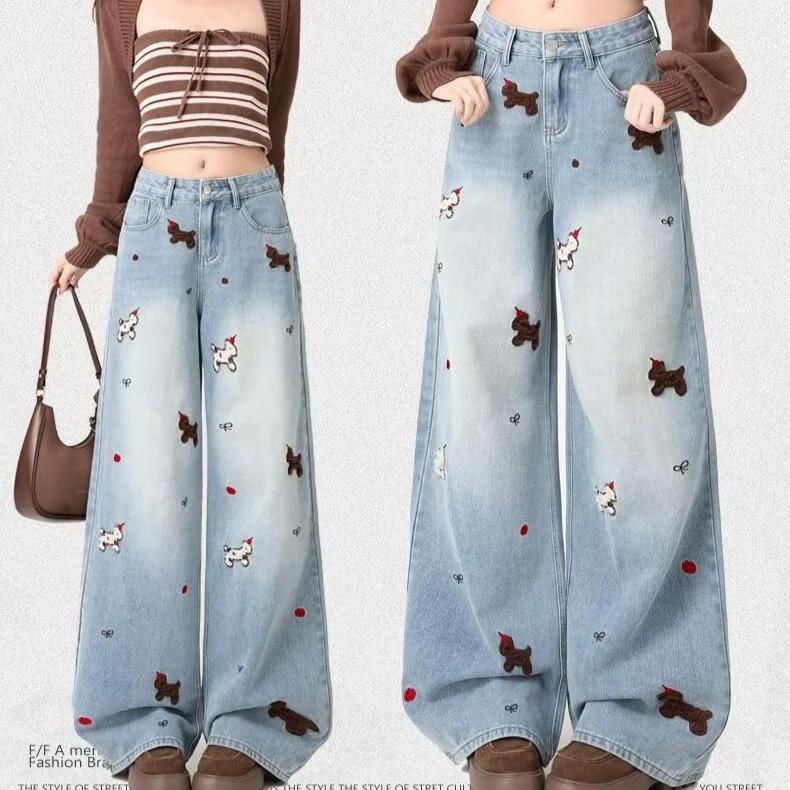 Fashionable puppy embroidered wide-leg jeans women's loose slimming versatile design floor-length pants Cute Dog Embroidered Casual Pants