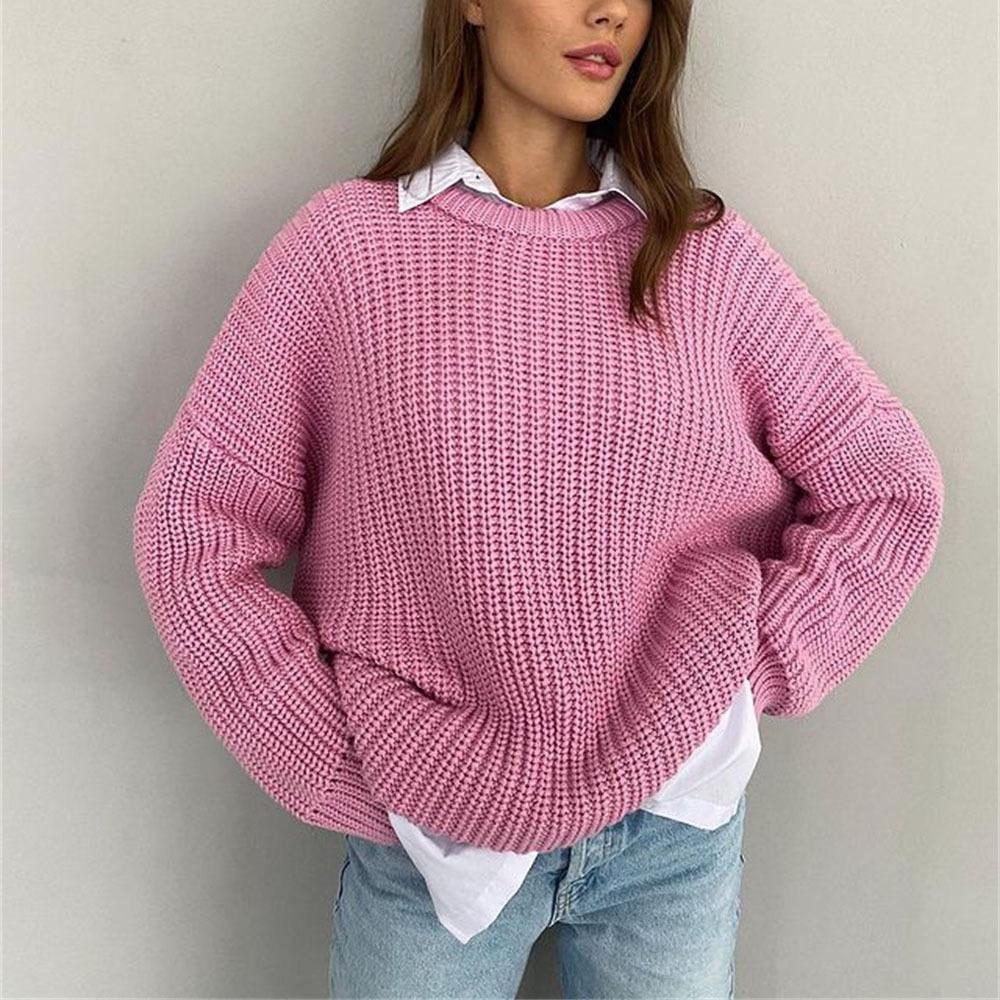 Women's Autumn and Winter Loose Round Neck Solid Colour Long Sleeve Knitted Sweater