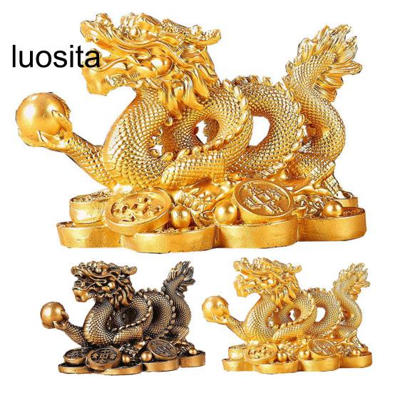 Модель статуи дракона по китайскому зодиаку 2024 года, фигурка года Дракона, украшение из смолы, привлечение богатства и удачи, золотой/бронзовый дракон