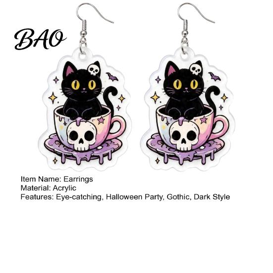 Skull Teacup Pendant 1 Pair Halloween Earrings for Women, 2D Acrylic Black Cat Women Dangle Drop Earrings, Gothic Cartoon Jewelry Party, Daily