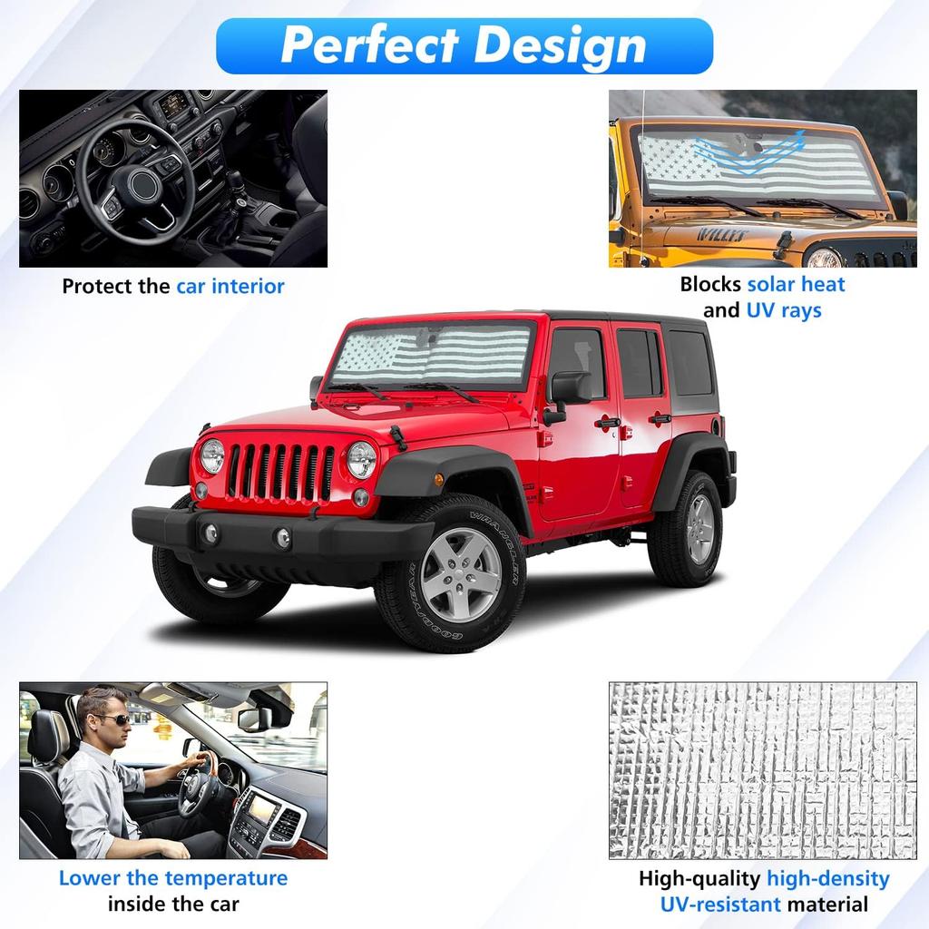 Jimen Compatible with 1997-2018 Jeep Wrangler TJ JK JKU, American USA Flag Auto Windshield Sunshade Window Sun Visor