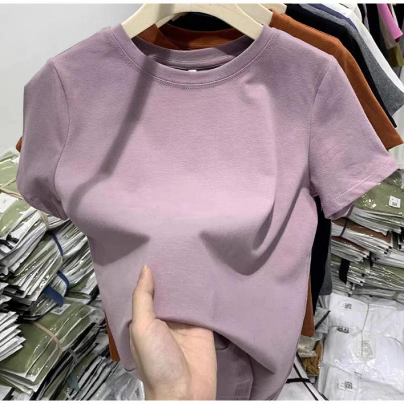 Selection quality pure cotton basic front shoulder round neck short-sleeved T-shirt women's summer design sense white slim and thin