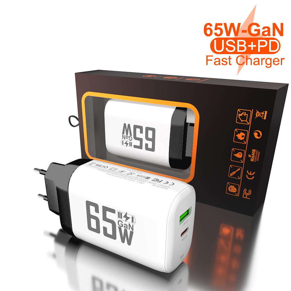 65W GaN Fast Charger: QC 3.0 & PD with 9V/12V for EU/US, Ideal for Laptops & USB Devices