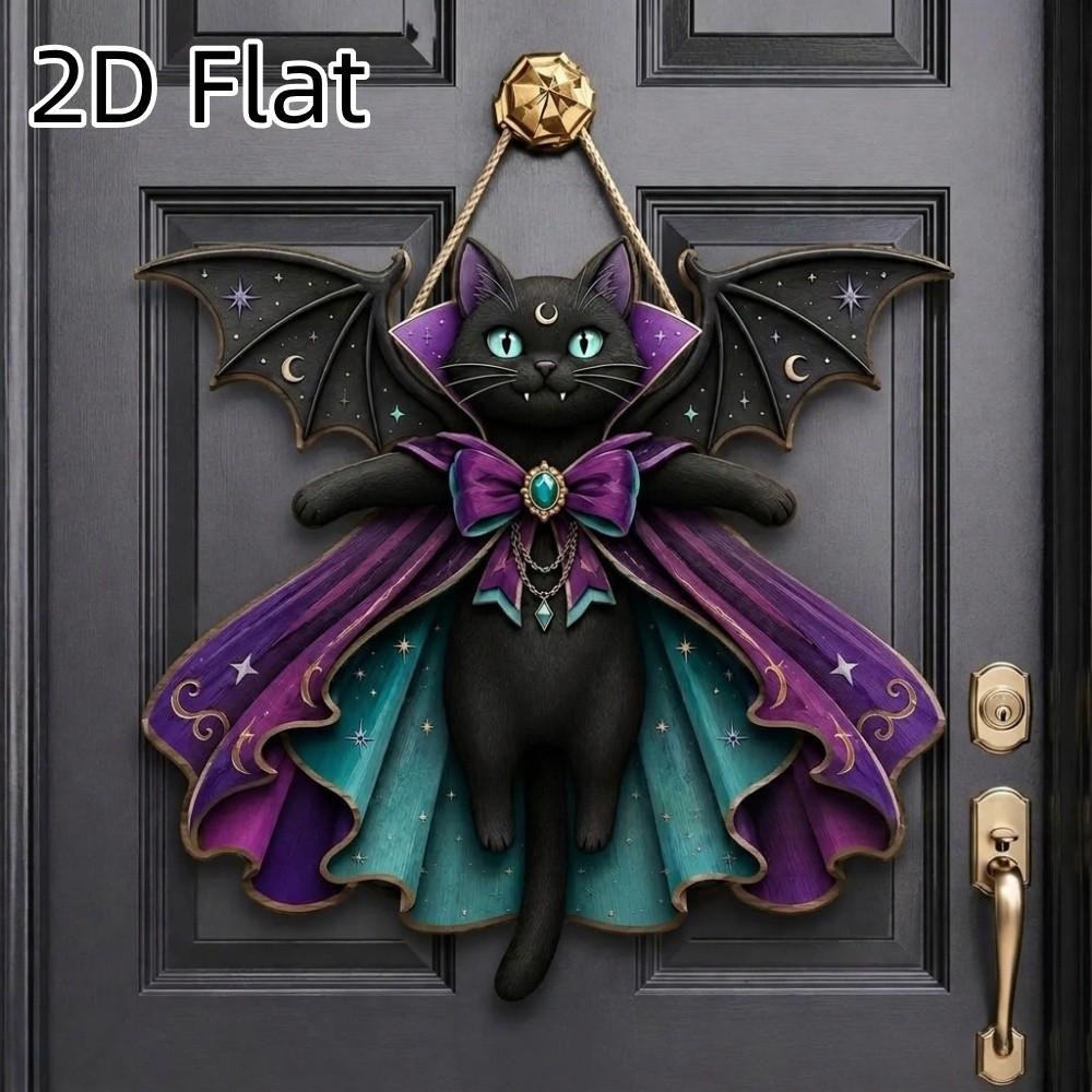 Gothic Halloween Black Cat Door Sign Vintage Style Holiday Bat Wing Cat Pendant Porch Decoration