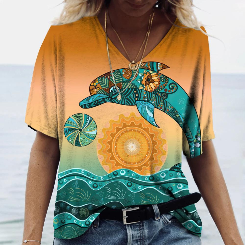 Женская футболка с V-образным вырезом и 3D-принтом в виде дельфина. Модная футболка с короткими рукавами и принтом.