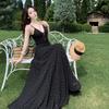 French High-end Black Polka-dot Collar Suspender Dress Women's Waist and Thin Seaside Vacation Sexy Word Long Dress