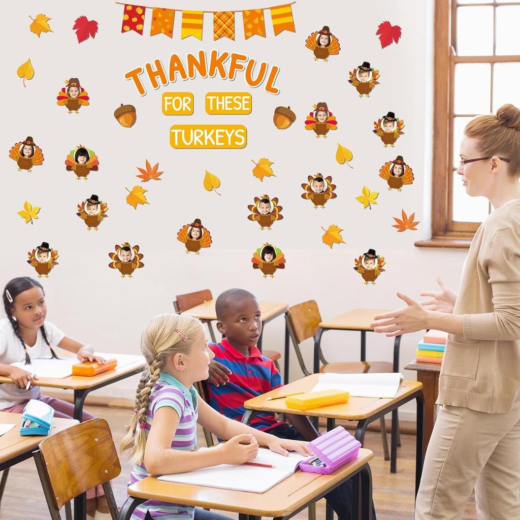Thanksgiving Turkey Bulletin Board Door Decorations Thankful for These Turkeys Classroom Door Poster DIY Photo Crafts Paper Cutouts Back to School