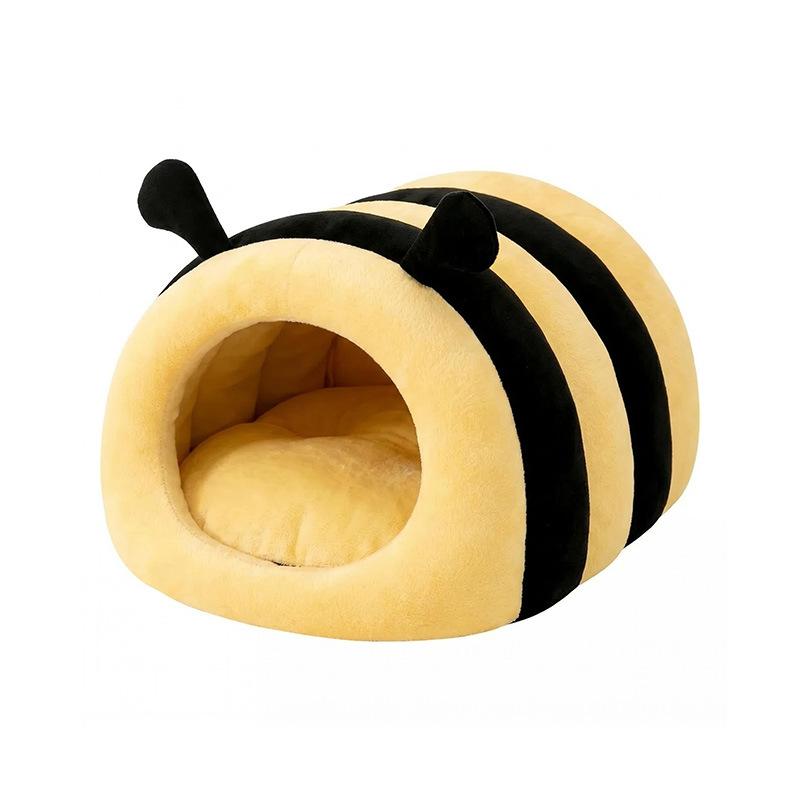 Cute Bee Shape Semi‑Enclosed Pet Bed Soft Plush Cat Dog Cave House Warm Cushion Washable Small Pet Sleeping Nest