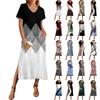 Women's Summer Vintage Patchwork Print Dress Short Sleeve Beach Dress With Pocket Casual V-neck Hem Side Slit Dress