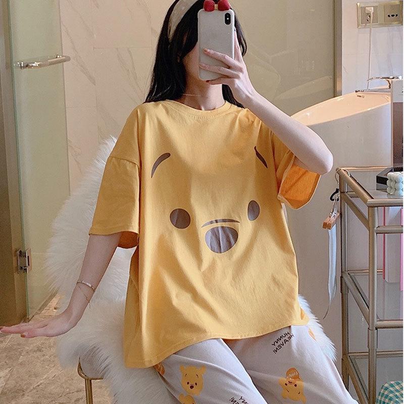 Женский летний пижамный комплект - Круглый вырез, Короткий рукав, Брюки длиной семь восьмых, Удобный повседневный костюм-двойка