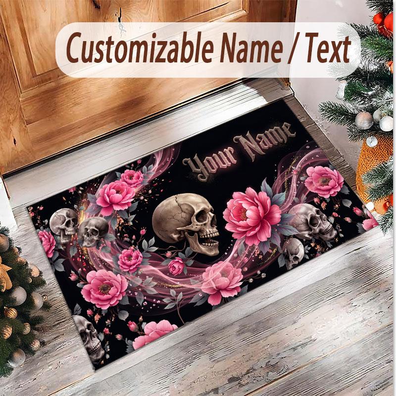Skull Gothic Theme Soft Crystal Velvet Rug Custom Name & Text Print Non Slip Floor Rug for Bedroom Living Room