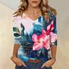 Женские топы, рубашка с рукавом три четверти, свободная повседневная рубашка с V-образным вырезом, футболка с цветочным принтом