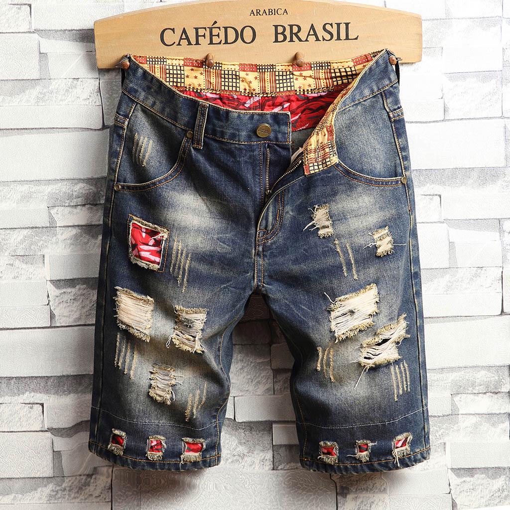Men's Casual And Loose Hole Stitching Drape Characteristic Foot Denim Shorts
