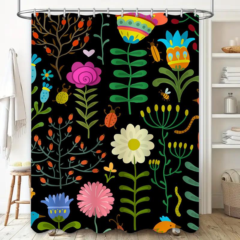 Colorful Shower Curtain with Floral Patterns Decorative Bathroom Accessories for Home Decoration Black Background with Flowers